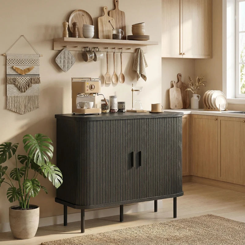 35.4" Sideboard Buffet Cabinet with Storage, Nordic Coffee Bar Cabinet with Slatted Tambour Doors and Metal Legs, Black