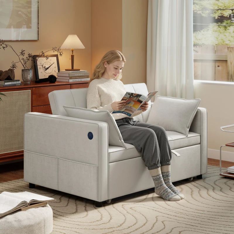 3‑in‑1 Convertible Sofa Bed, Pull Out Sleeper Sofa with USB Charging, Adjustable Backrest, Side Pockets, Beige