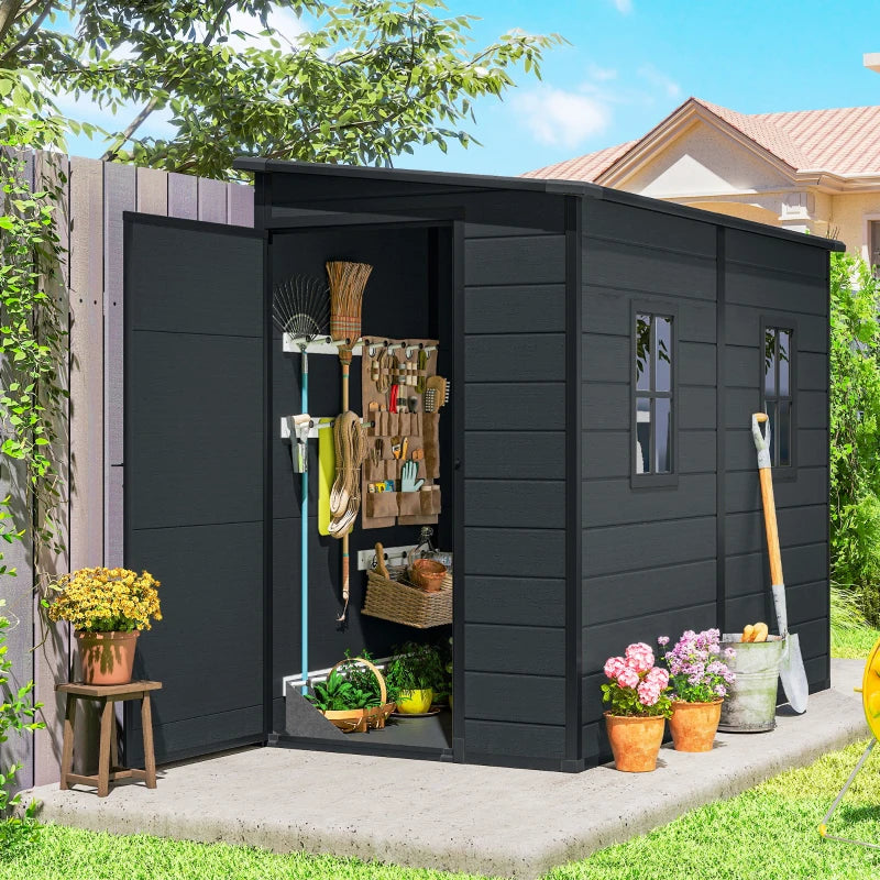 4.3' x 8' Outdoor Storage Shed with Floor, Garden Shed with Lockable Doors and Windows, Dark Grey