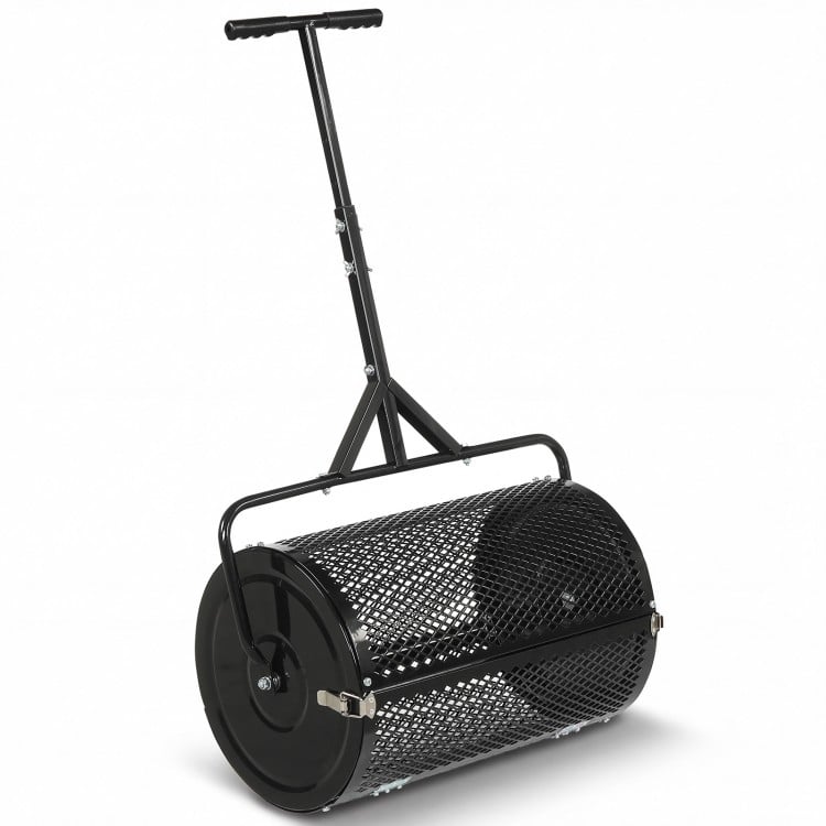 24 Inch Compost Spreader Peat Moss Spreader Roller with Height-Adjustable T-Shaped Handle-Black