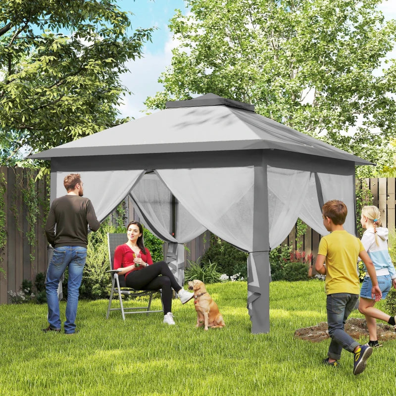11' x 11' Pop Up Gazebo, Double Roof Foldable Height Adjustable Canopy Tent with Mesh Sidewalls, Carrying Bag, Grey