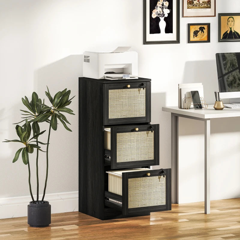 3 Drawer Filing Cabinet with Lock, Boho File Cabinet for A4 Letter Size Files with Decorative Rattan Accents, Black