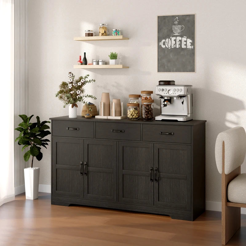 Sideboard Buffet Cabinet with Storage, Modern Coffee Bar Cabinet with 3 Drawers and Adjustable Shelves, Distressed Black