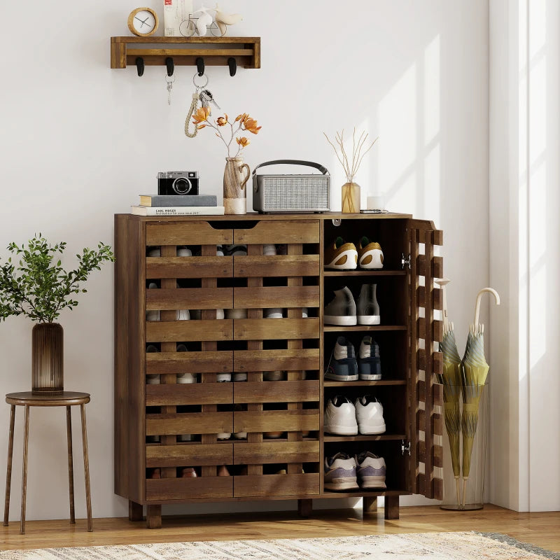 Shoe Cabinet, 20 Pair Shoe Storage Cabinet with Hollowed-Out Doors, Distressed Brown