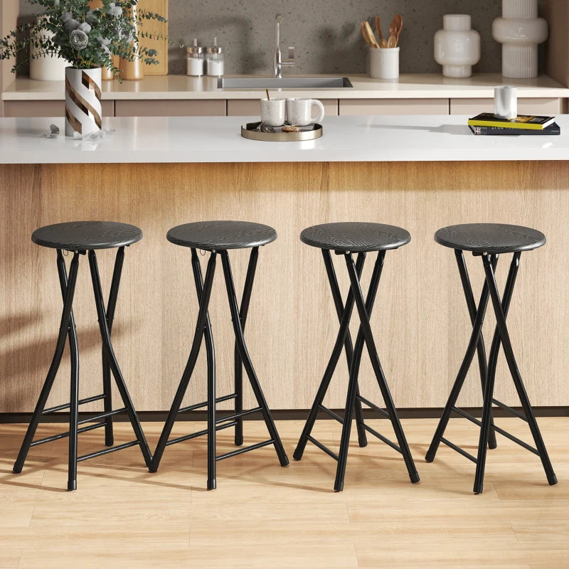 Set of 4 Foldable Barstools, Counter Height Bar Stools with Footrest and Steel Legs for Kitchen Island, Black