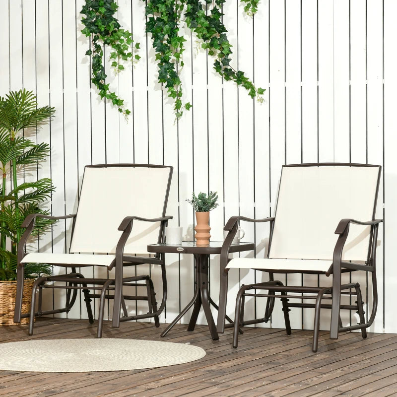 3 Piece Patio Glider Set Outdoor Gliders with Breathable Mesh Seat, Glass Top Table for Garden, Yard, Cream White
