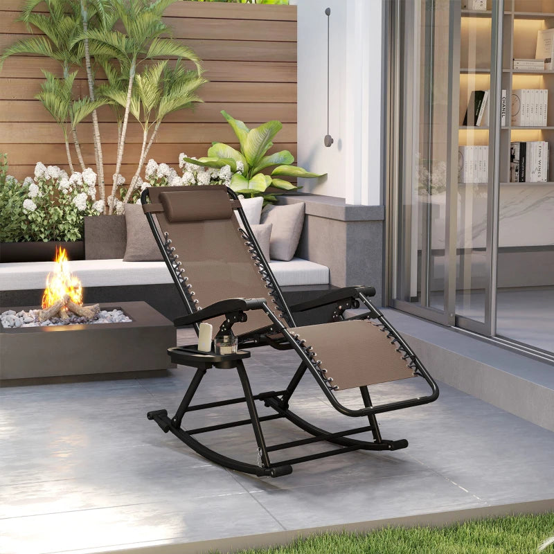 2 in 1 Adjustable Zero Gravity Reclining Lounge Chair Garden Recliner and Rocker Foldable Sun Lounger Napping Seat w/ Headrest & Tray Brown