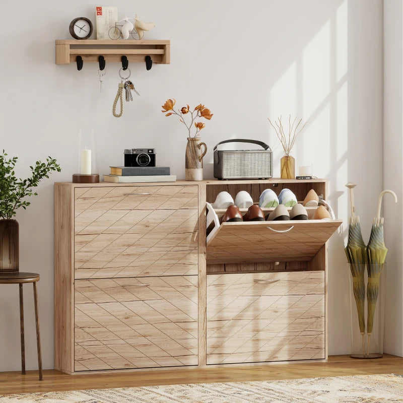 Shoe Storage Cabinet with 4 Flip Drawers, Narrow and Slim, 12-20 Pair of Shoes Organizer for Hallway, Entryway, Oak
