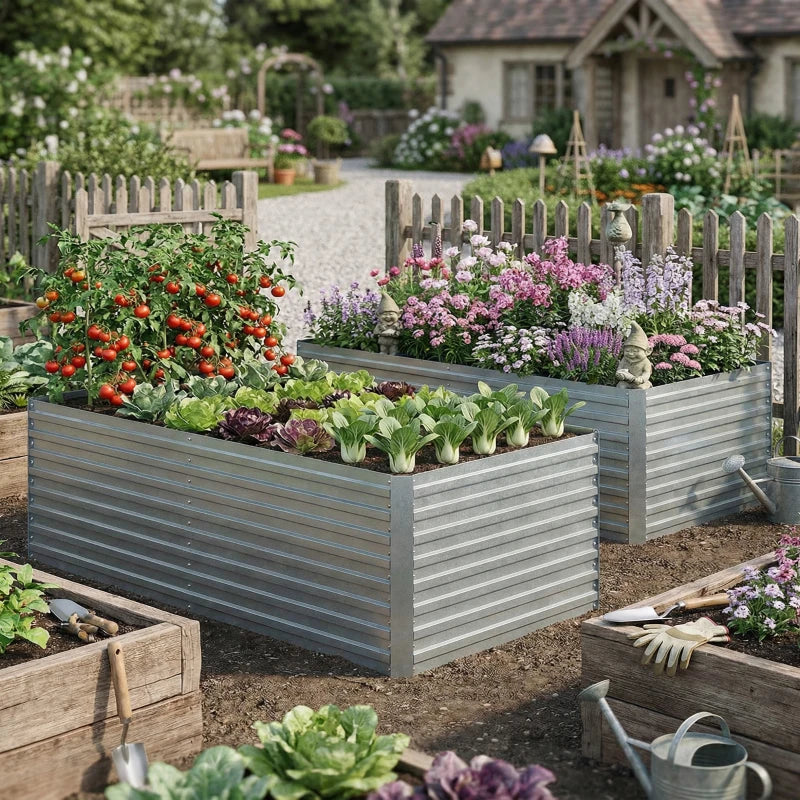 Set of 2 Galvanised Raised Garden Bed, 6 x 3 x 2 ft Metal Garden Bed with Safe Edging, Silver