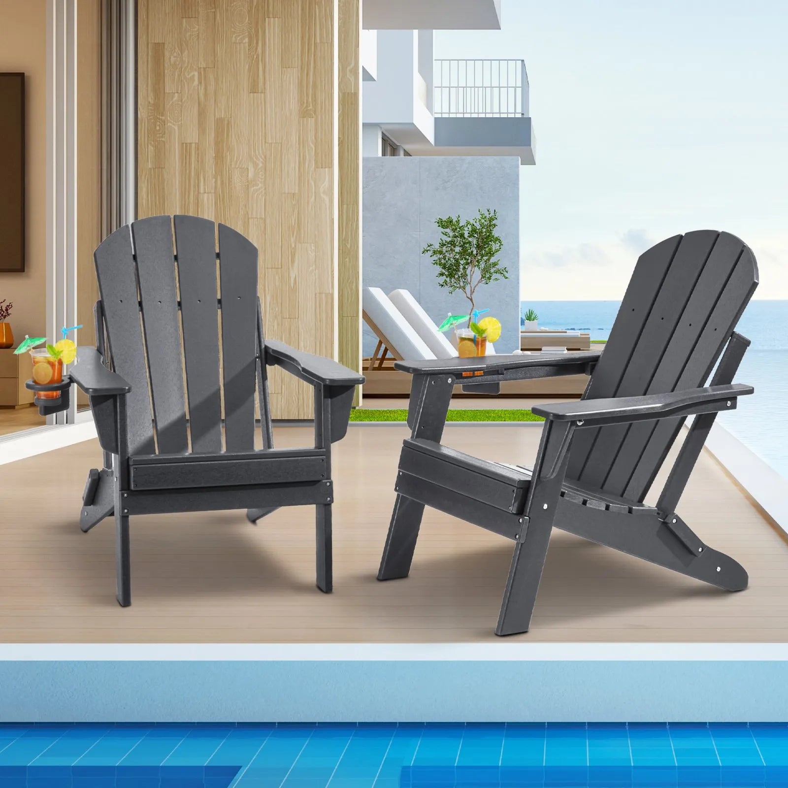 VEVOR Adirondack Chair Plastic Set of 2 All-Weather Folding Fire Pit Gray