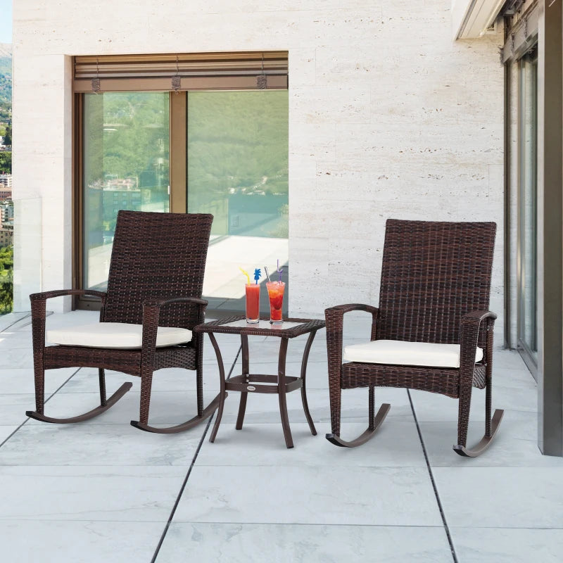 3 Pieces Patio Wicker Rocking Chair Set, Outdoor PE Rattan Bistro Set Conversation Rocker Set with 2 Chairs 1 Coffee Table for Backyard, Deck, Poolside, Cream White