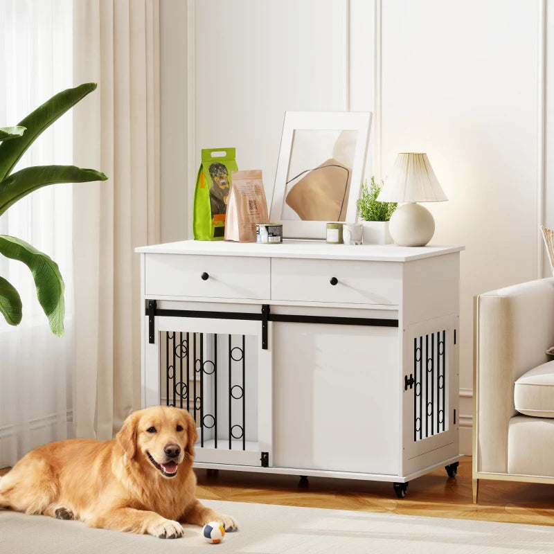39" Dog Crate Furniture, Dog Kennel Indoor with 2 Drawers, Wheels, Sliding Door, Dog Cage for Medium Large Dogs, Oak