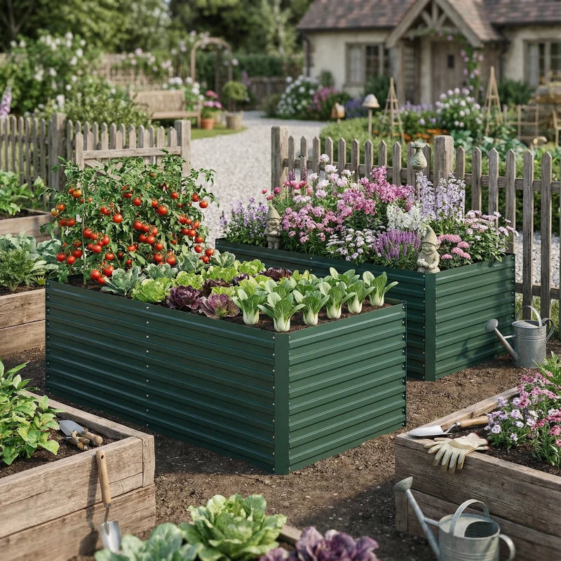 Set of 2 Galvanised Raised Garden Bed, 6 x 3 x 2 ft Metal Garden Bed with Safe Edging, Green