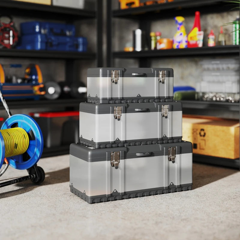 3 Pieces Tool Box Set, Stainless Steel Toolbox with Tray, Handles, Latches, Tool Case for Workshop, Garage