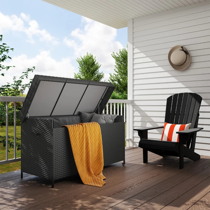 165 Gallon Deck Box, Wicker Outdoor Patio Storage Box with Waterproof Liner, Gas Strut and Universal Wheels, Black
