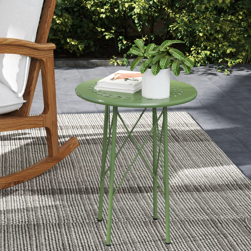15.7" Round Garden Table with Floral Cut-Out, Steel Balcony Side Bistro Coffee Table with Adjustable Feet, Green