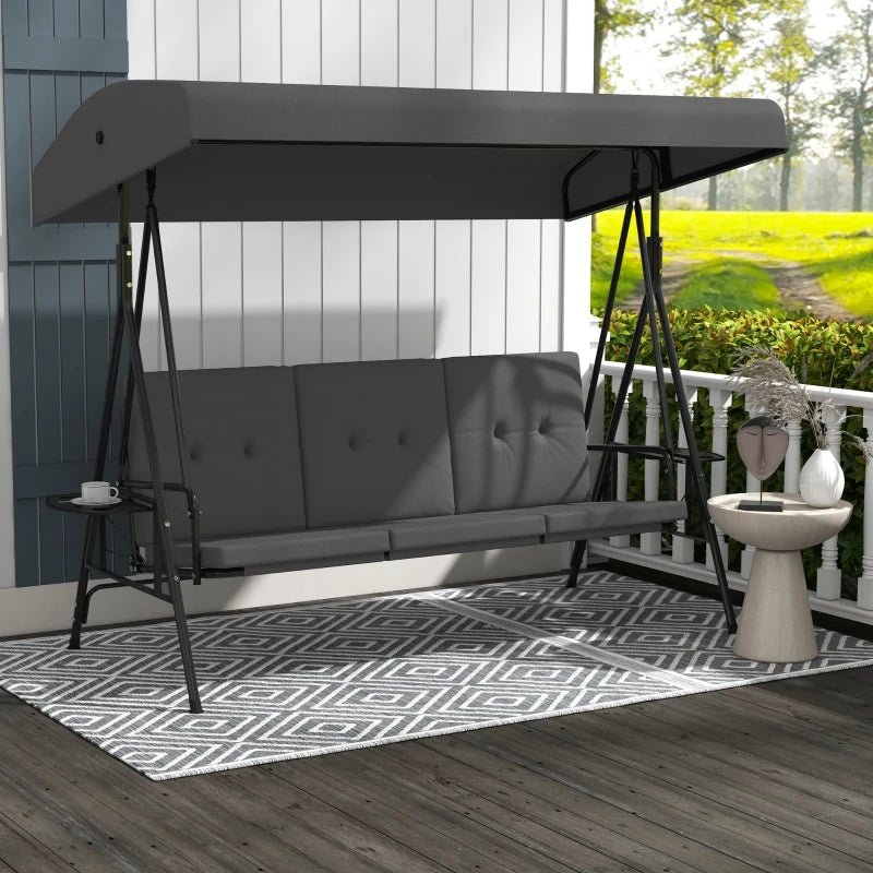 3-Seat Outdoor Porch Swing Patio Swing with Adjustable Canopy, Side Tray, Removable Cushion for Garden, Poolside, Grey