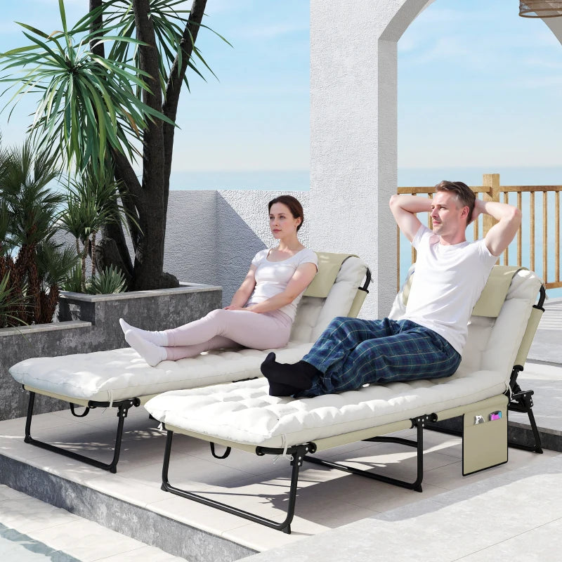 2-Piece Folding Lounge Chairs with Adjustable Backrest, Tanning Chair with Cushion, Side Pocket, Headrest, Beige