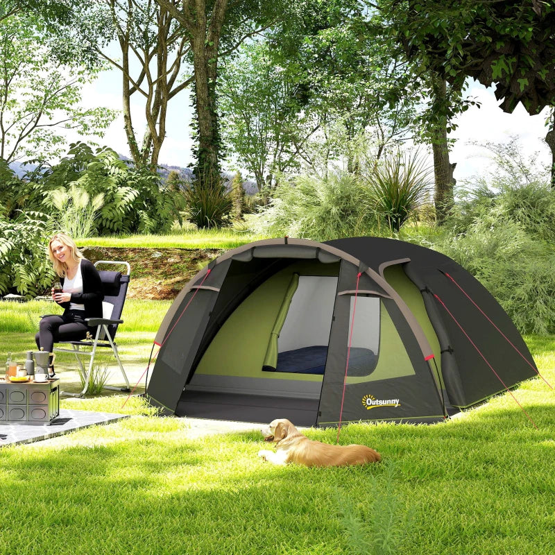 2-4 Man Camping Tent, 3000mm Waterproof Tunnel Tent with 2 Rooms, Sewn-in Groundsheet, 3 Doors and Hook