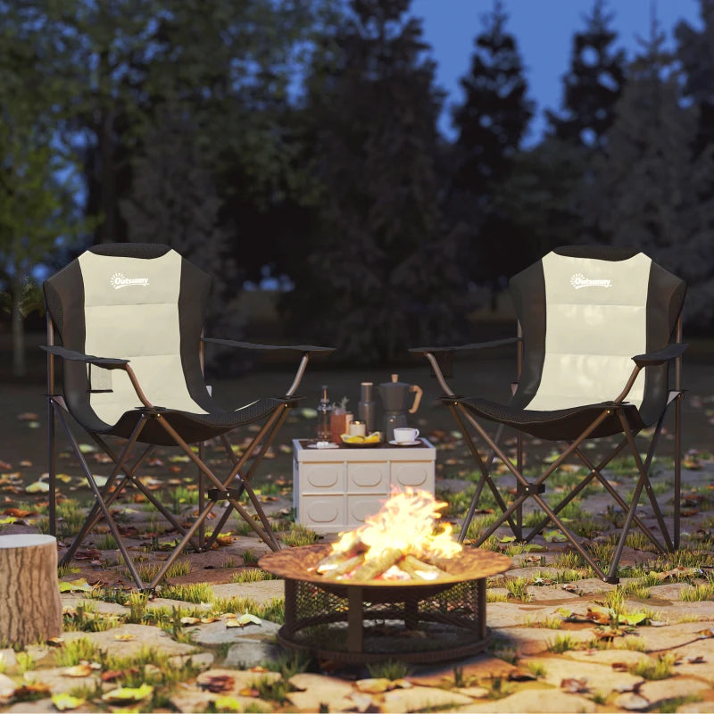 2 Pack Folding Camping Chairs, High Back Folding Chairs w/ Cup Holder, Padded Camping Chairs for Outdoor Events, Cream