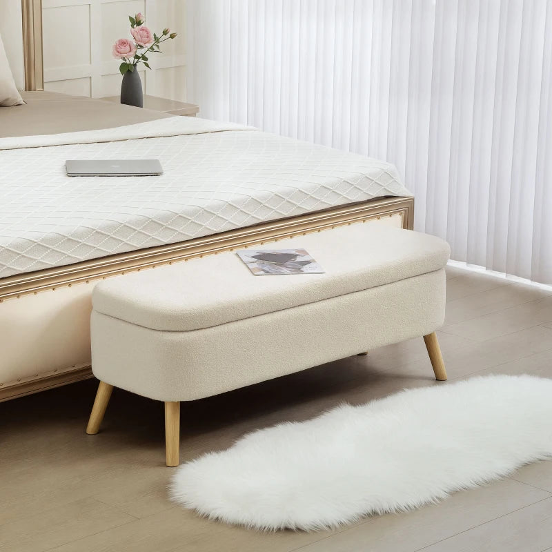 47 Inches Storage Ottoman Bench, End of Bed Bench, Upholstered Teddy Fleece Storage Chest for Living Room, Beige