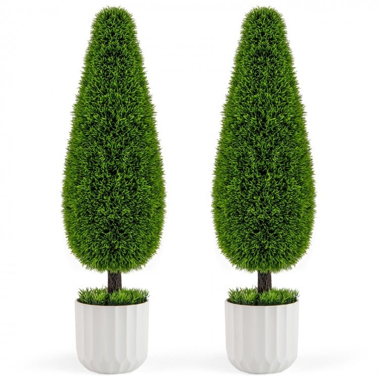 2 Pack 3 Feet Artificial Cedar Teardrop Shaped Bush with Plastic Nursery Pot-Green