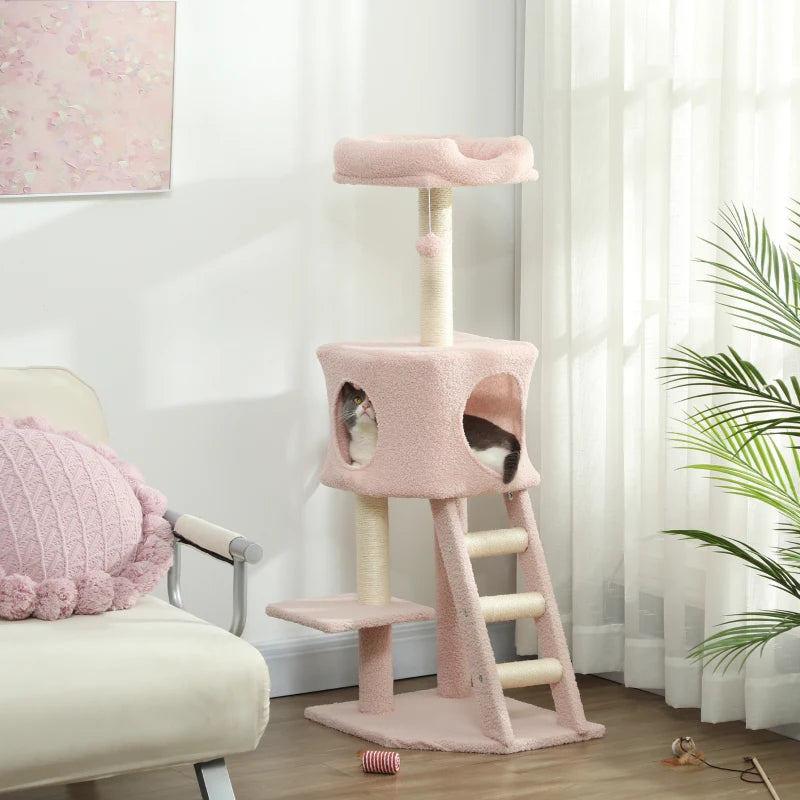 47" Tall Cat Tree Tower with Condo, Ladder, Scratching Posts and Hanging Ball, Pink