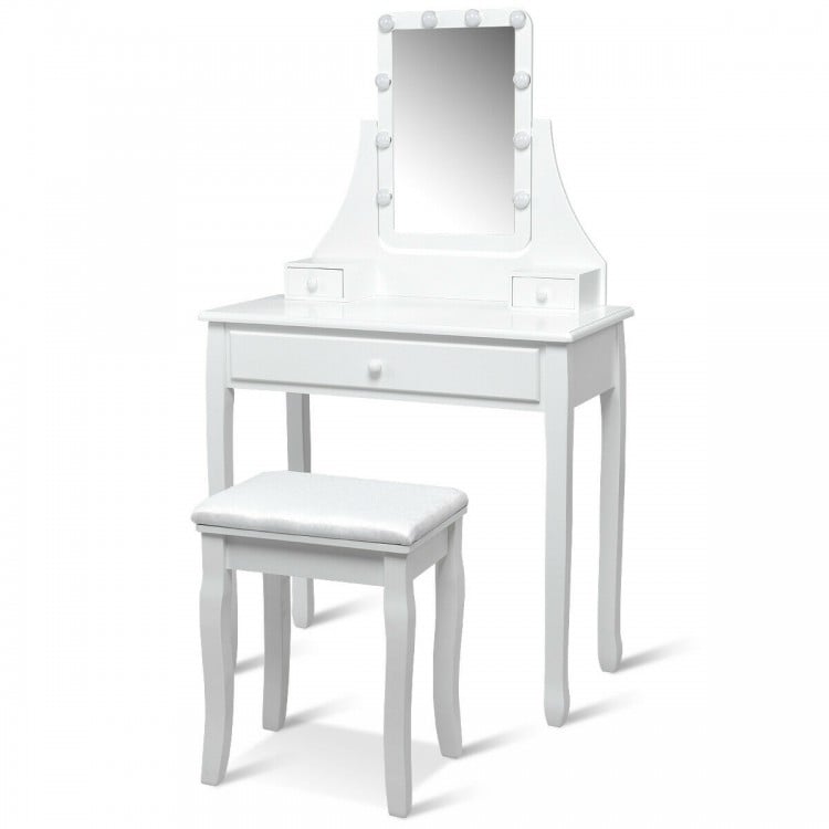 10 LED Lighted Mirror and 3 Drawers Vanity Table Set-White