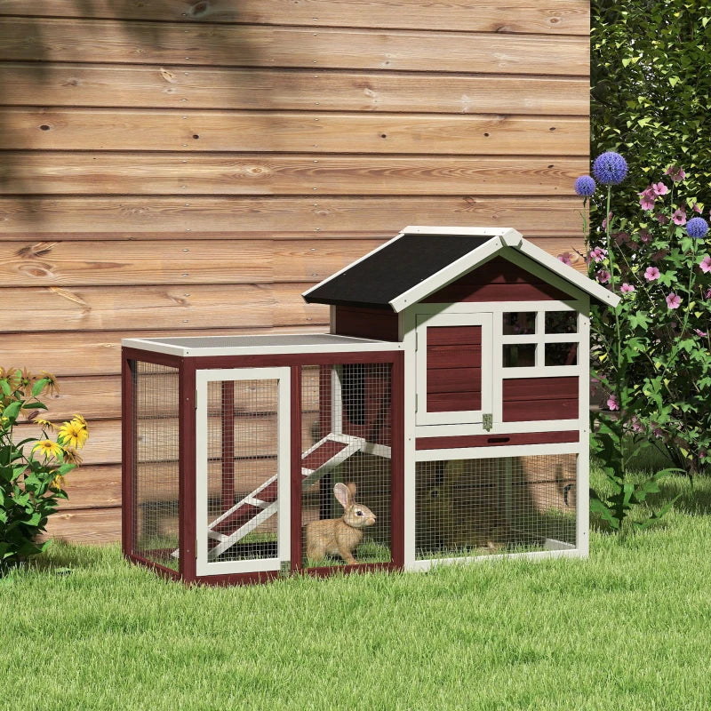 48" Weatherproof Wooden Rabbit Hutch Bunny Cage Small Animal House with Slant Roof And Screened Outdoor Run, Brown