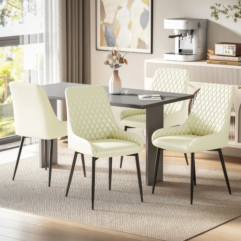 Set of 4 Upholstered Kitchen Chairs, Modern Dining Chairs with Diamond Tufting and Steel Legs for Dining Room, Cream White