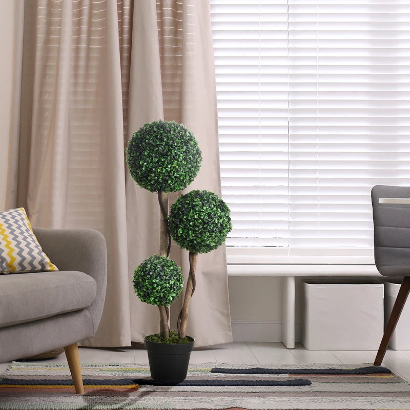 35 Inch Potted Fake Plant, Artificial Boxwood Topiary Tree, Triple Ball Tree for Indoor and Outdoor, Dark Green