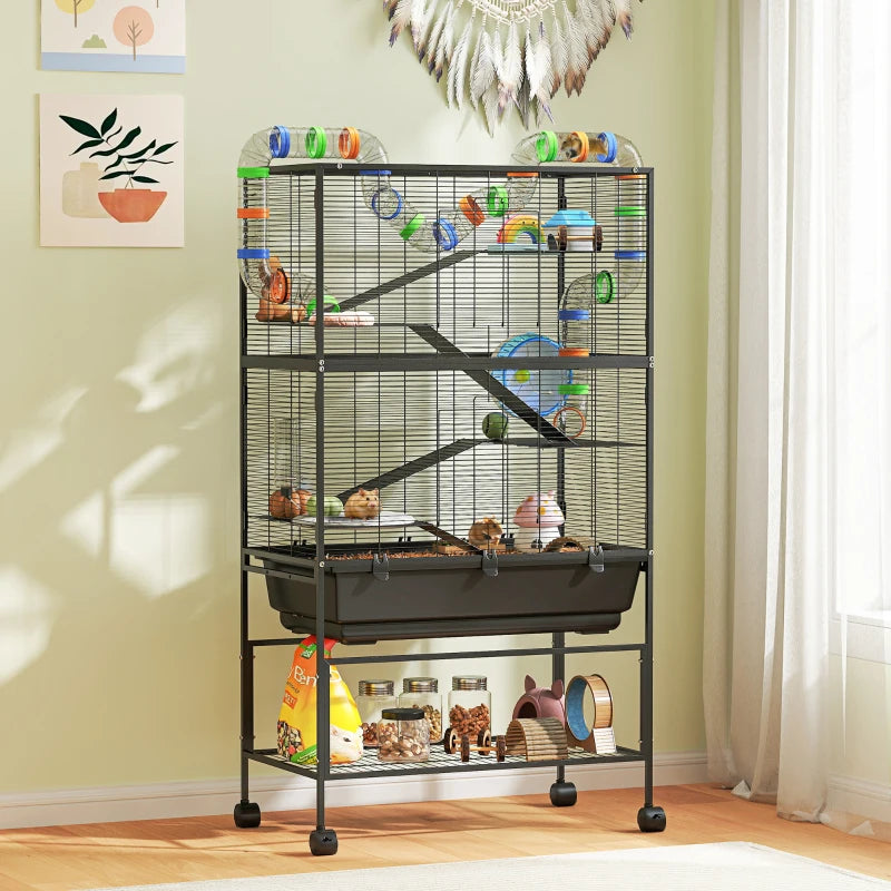 5 Tier Rolling Hamster Cage with 7" Deep Tray, Storage Shelf, Big Exercise Wheel, Tube System, for Syrian, Gerbil, Rat