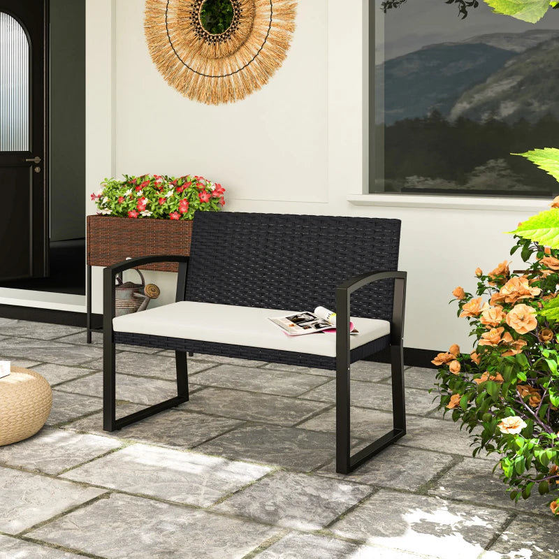 2 Seater Outdoor Bench, Rattan Garden Bench Loveseat with Cushion, Armrests, Steel Frame for Patio, Porch, Beige