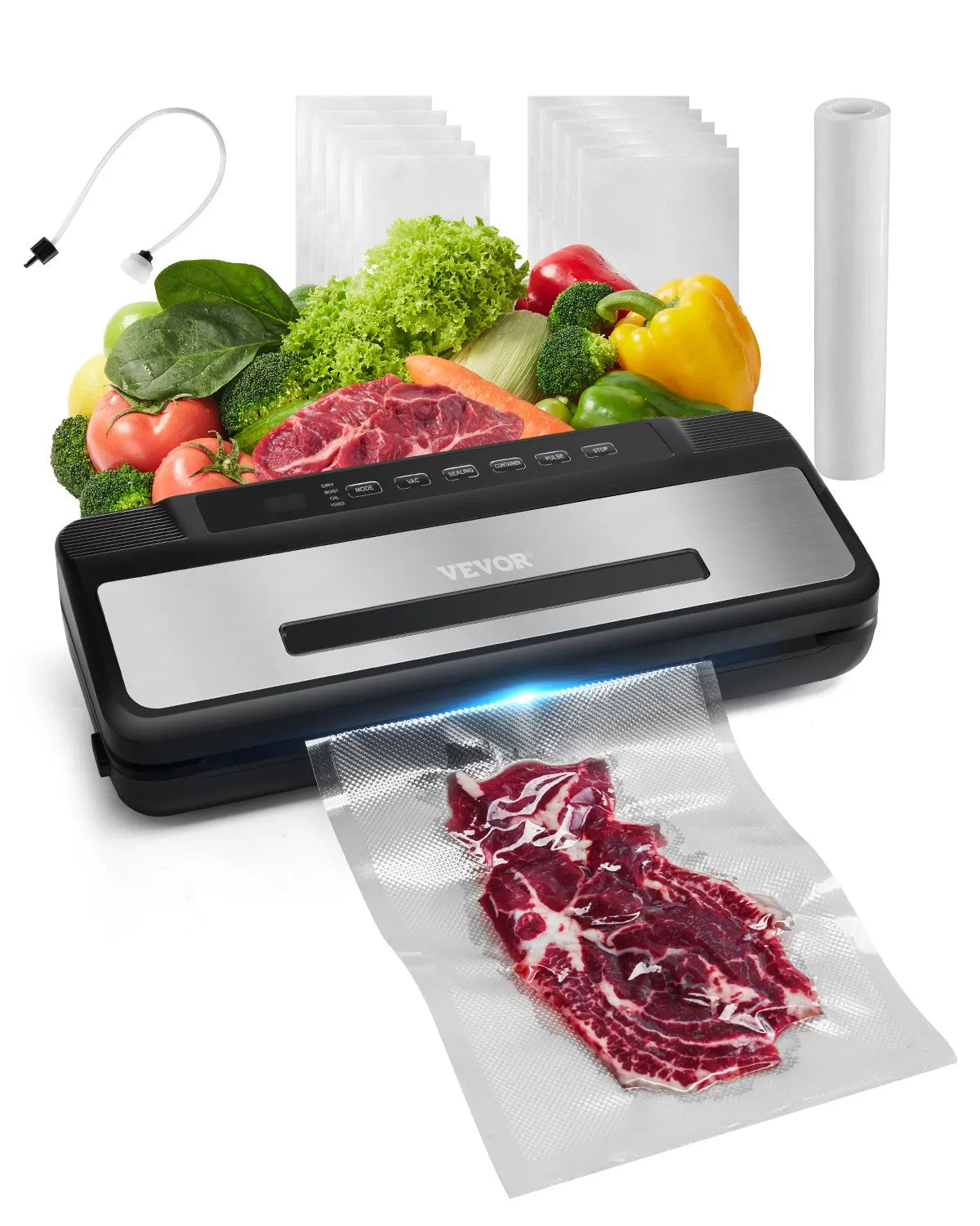 VEVOR 7-in-1 Vacuum Sealer Machine Compact Automatic Food Saver 120W Bags & Roll