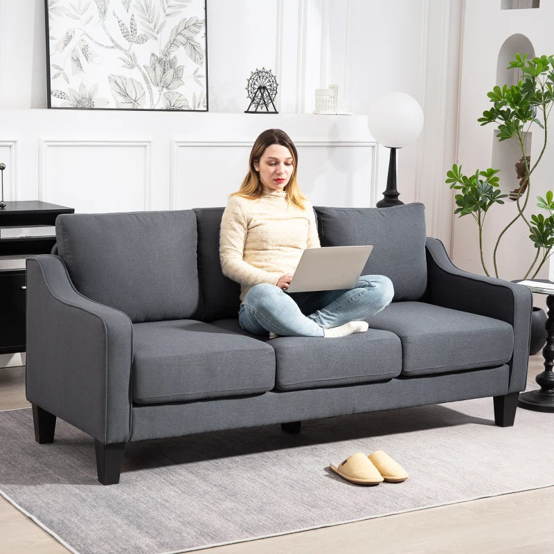 3 Seater Sofa, Modern Couch with Pocket Spring, Linen Upholstered, Thick Padded, Charcoal Grey