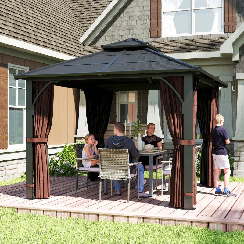 10' x 10' Hardtop Gazebo with 7mm Double Polycarbonate Roof, Outdoor Gazebo with Netting and Curtains, Coffee