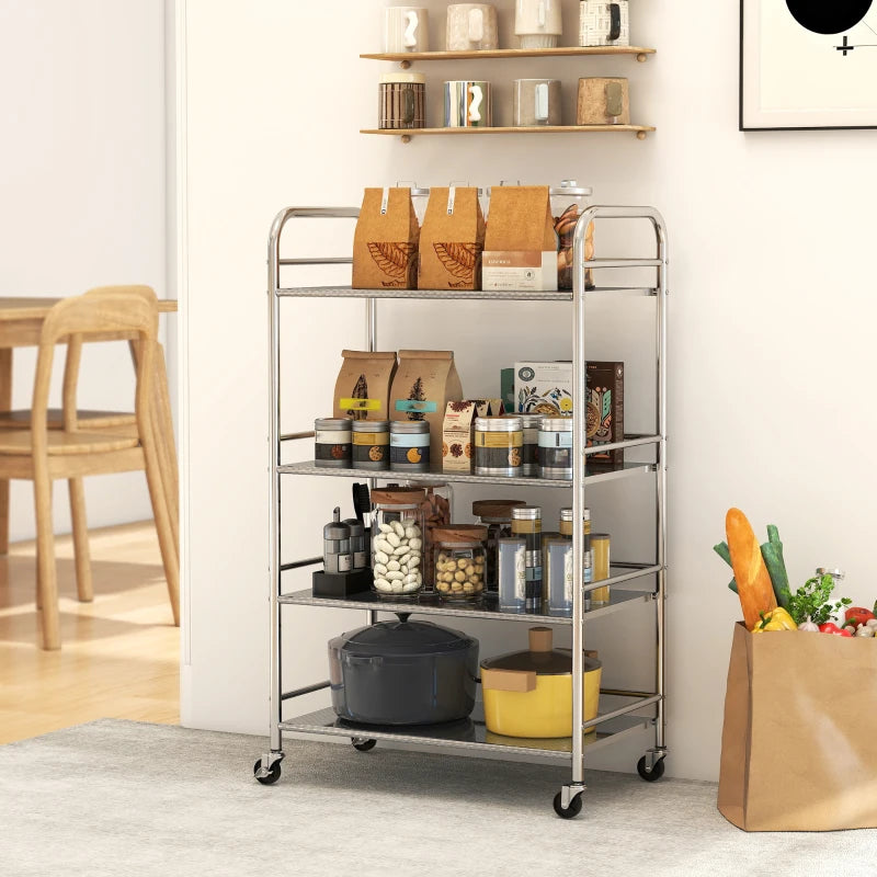 4 Tier Stainless Steel Rolling Cart with Adjustable Shelves, Utility Cart on Wheels with Handles for Kitchen, Silver