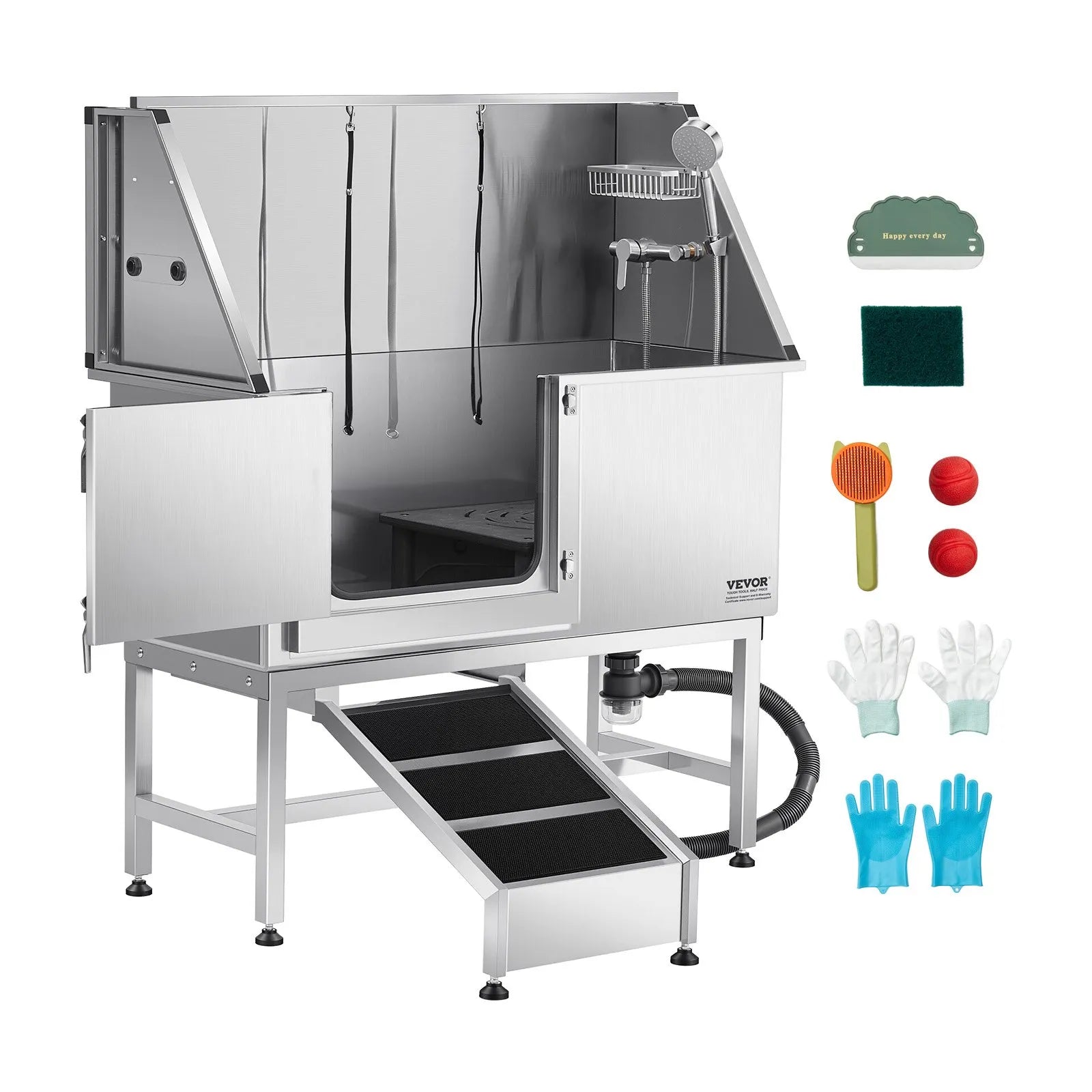 VEVOR 50 Inch Dog Grooming Bath Tub Stainless Steel w Ramp Water Filter Left