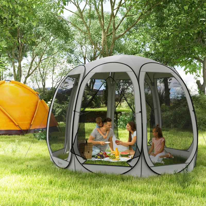 11' x 11.5' Screen Tent, Pop Up Camping Gazebo with Portable Carry Bag and 2 Doors, Grey