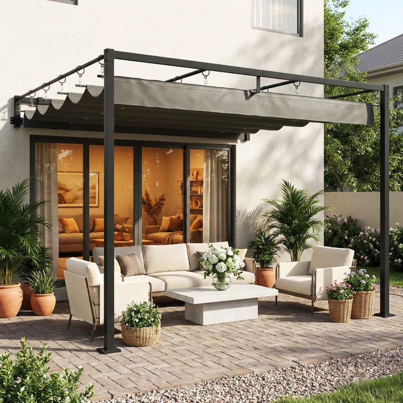 10' x 10' Retractable Pergola Canopy, Wall-Mounted Pergola, Outdoor Sun Shade Shelter for Garden, Balcony, Dark Grey