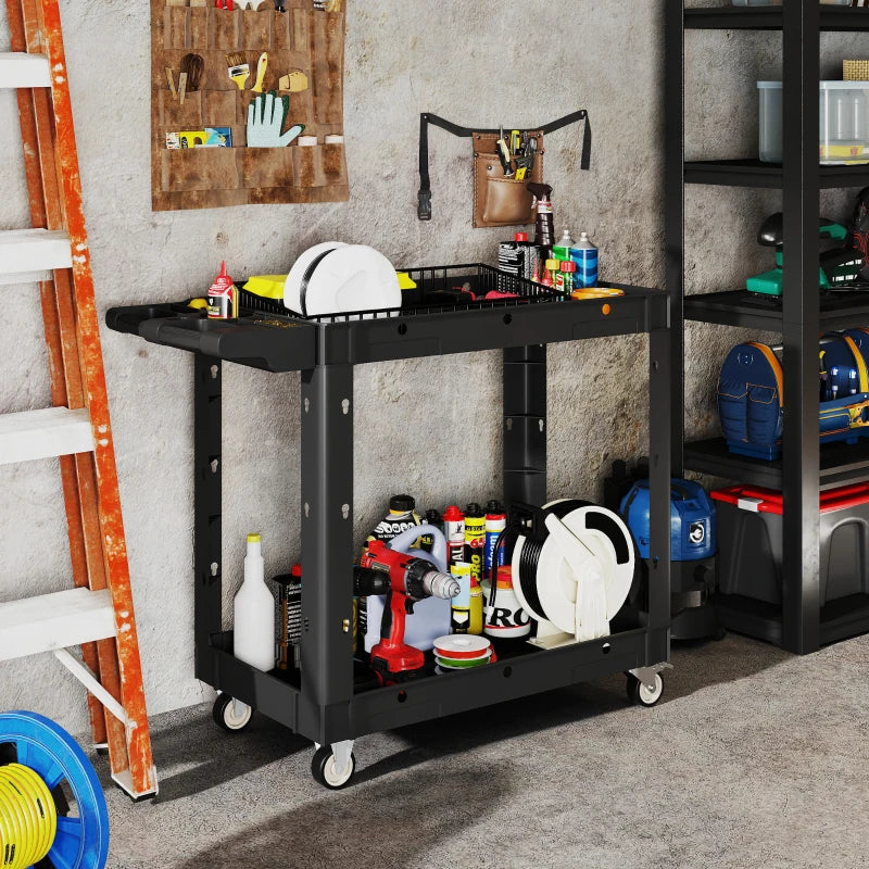 2-Tier Rolling Tool Cart with Wheels, 500 LBS Capacity Utility Cart with Handle, Mobile Service Tool Organizer, Black