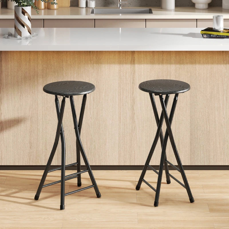 Set of 2 Foldable Barstools, Counter Height Bar Stools with Footrest and Steel Legs for Kitchen Island, Black