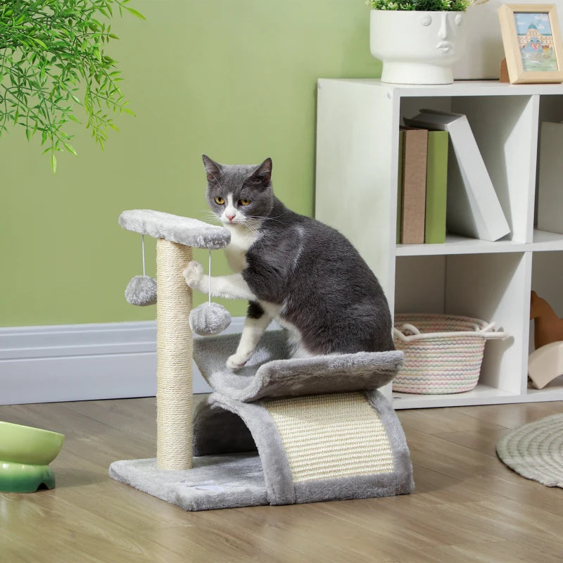 17" Small Cat Tree with Scratching Post, Cat Tower with Rotatable Top Pole, Platform, 2 Dangling Balls, Light Grey