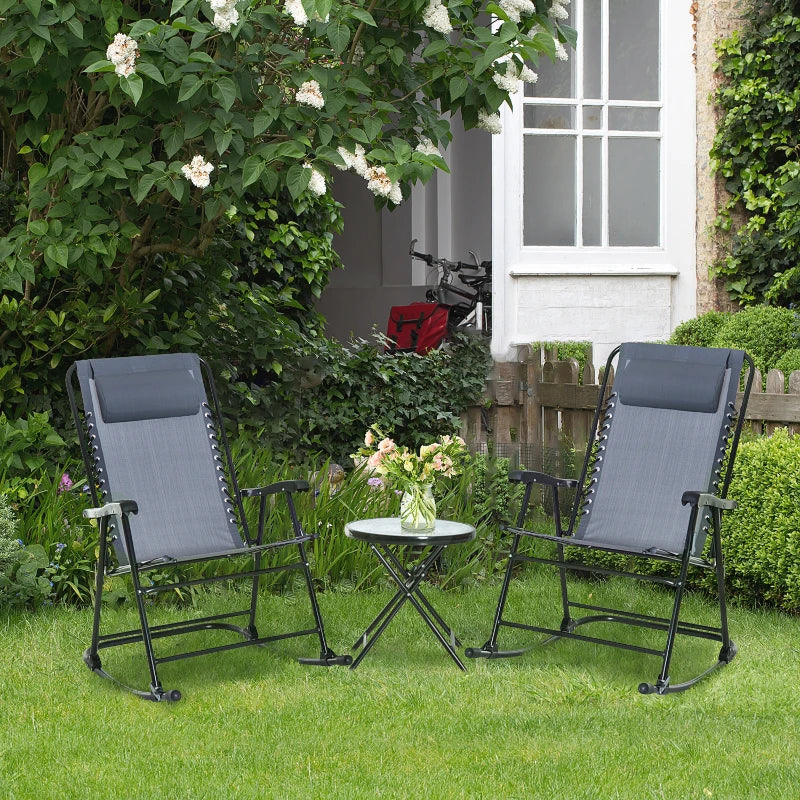 3pc Patio Rocking Chair Set, Folding Outdoor Rocking Chairs and Table Bistro Set w/ Breathable Mesh Seat & Backrest, Headrest for Park, Backyard, Garden, Grey