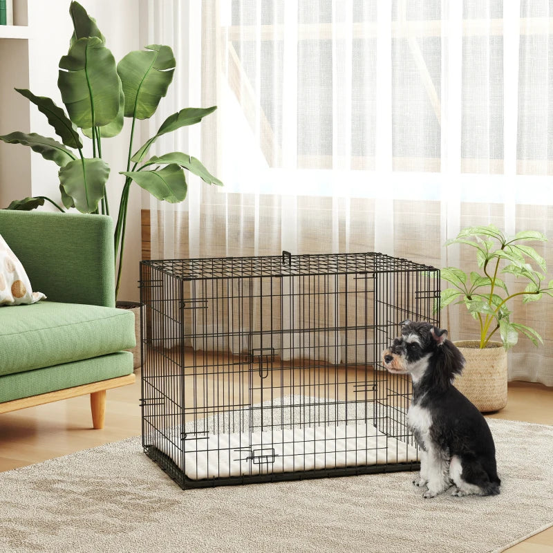 30" Dog Crate with 2 Doors, Folding Metal Dog Cage with Soft Cushion, Removable Tray, Handle, for Small Dogs, Black