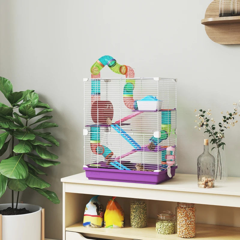 5 Tiers Hamster Cage Portable with Exercise Wheels Play Tube Water Bottle Dishes House Ladder for Gerbils, Purple