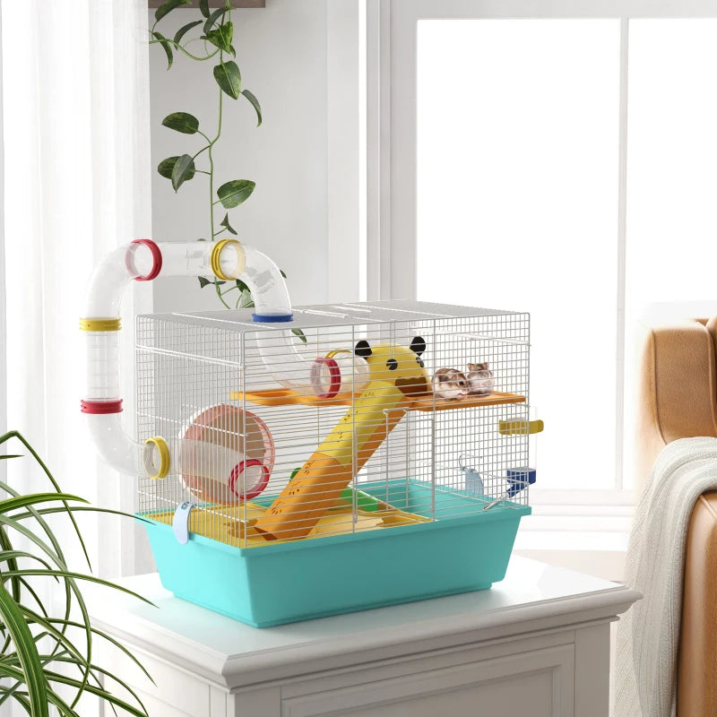 3 Tiers Hamster Cage for Gerbil, Dwarf Hamster with Tunnels, Water Bottle, Exercise Wheel, 18" x 11" x 15" - Light Blue