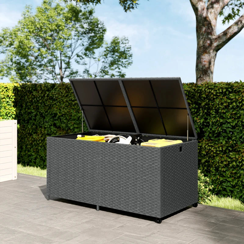 162 Gallon Rattan Deck Box with Wheels, Wicker Outdoor Storage Box with Waterproof Zippered Liner, Safe Pneumatic Rod