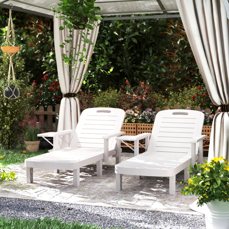 Set of 2 Tanning Chair, 5 Positions Adjustable Outdoor Lounge Chairs with Foldable Side Table, White