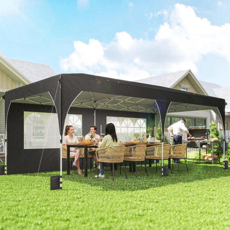 10 x 20 ft Pop Up Canopy Tent with Reflective Strips, UPF 50+ Easy up Instant Canopy with 6 Sandbags, Black